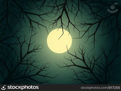 Dry twigs tree jungle moon light sky night in halloween celebration festival vector background illustration.