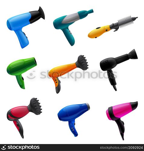 Dryer icons set cartoon vector. Hair dryer machine. Dry blow diffuser. Dryer icons set cartoon vector. Hair dryer machine