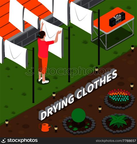 Drying clothes isometric composition with housewife hanging wet linen on rope in yard of house vector illustration. Drying Clothes Isometric Composition