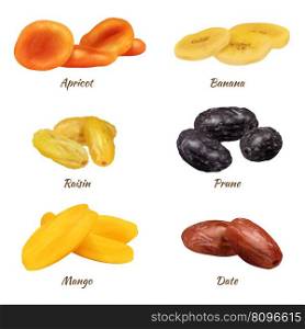 Drying fruits. Vegetarian natural food with vitamins apricots figs apples prune raisins decent vector realistic templates of vitamin dry fruit delicious illustration. Drying fruits. Vegetarian natural food with vitamins apricots figs apples prune raisins decent vector realistic templates