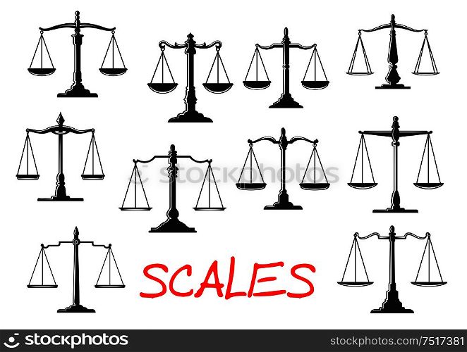 Dual balance scales icons with vintage mechanical beam balance scales with decorative stands, figured levers and weighing pans. Scales of justice and balance themes design usage. Vintage mechanical balance scales icons