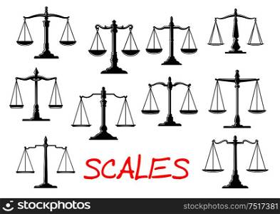 Dual balance scales icons with vintage mechanical beam balance scales with decorative stands, figured levers and weighing pans. Scales of justice and balance themes design usage. Vintage mechanical balance scales icons