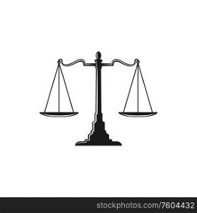 Dual balance scales isolated icon. Vector Themis scales of justice on decorative stand. Themis scale isolated sign of justice dual balance