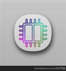 Dual core processor app icon. X2 microprocessor. Microchip, chipset. CPU. Central processing unit. Computer processor. Integrated circuit. UI/UX interface. Application. Vector isolated illustration. Dual core processor app icon