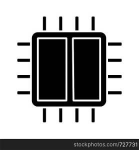 Dual core processor glyph icon. X2 microprocessor. Microchip, chipset. CPU. Computer, phone processor. Integrated circuit. Silhouette symbol. Negative space. Vector isolated illustration. Dual core processor glyph icon