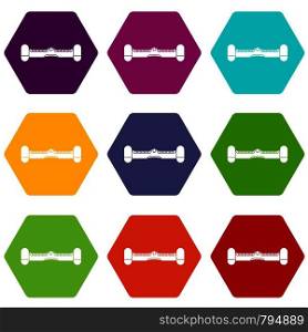 Dual wheel self balancing electric skateboard icon set many color hexahedron isolated on white vector illustration. Dual wheel self balancing electric skateboard icon set color hexahedron