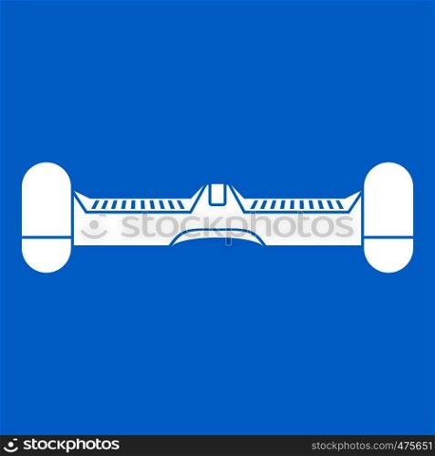 Dual wheel self balancing electric skateboard icon white isolated on blue background vector illustration. Dual wheel self balancing electric skateboard icon