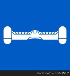 Dual wheel self balancing electric skateboard icon white isolated on blue background vector illustration. Dual wheel self balancing electric skateboard icon