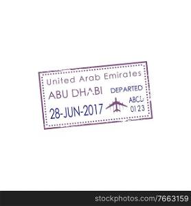 Dubai airport visa st&isolated UAE border control sign. Vector United Arab Emirates border passing document. Departed st&of Dubai UAE airport isolated visa