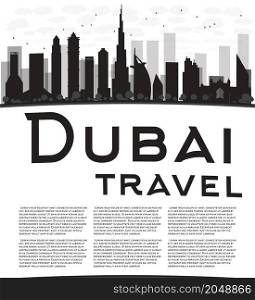 Dubai City skyline black and white silhouette. Vector illustration. Simple flat concept for tourism presentation, banner, placard or web site. Business travel concept. Cityscape with famous landmarks