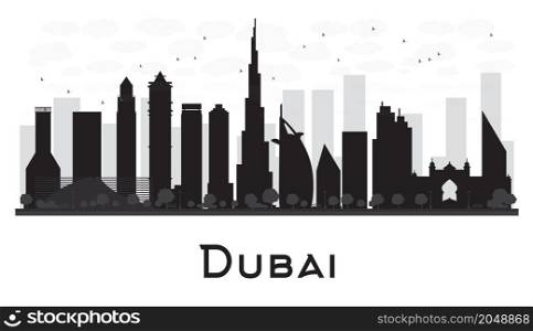 Dubai City skyline black and white silhouette. Vector illustration.