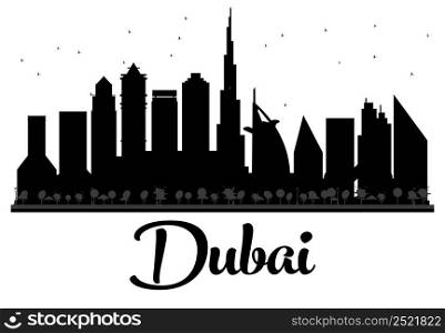 Dubai City skyline black and white silhouette. Vector illustration. Simple flat concept for tourism presentation, banner, placard or web site. Business travel concept. Cityscape with famous landmarks