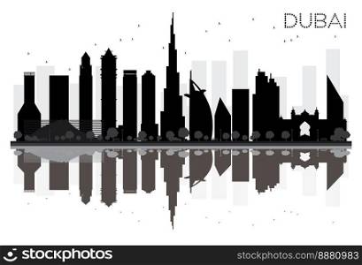 Dubai City skyline black and white silhouette with reflections. Vector illustration. Simple flat concept for tourism presentation, banner, placard or web site. Cityscape with famous landmarks