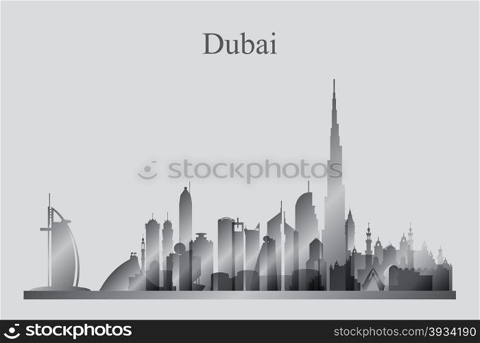 Dubai city skyline silhouette in grayscale, vector illustration