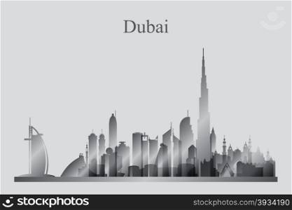 Dubai city skyline silhouette in grayscale, vector illustration