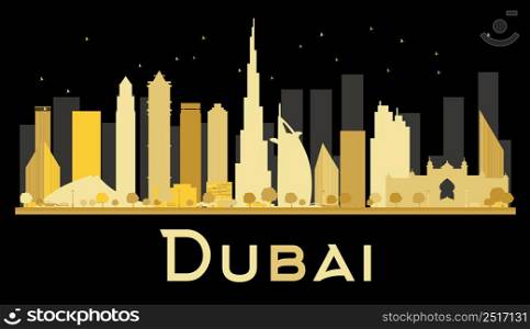 Dubai City skyline silhouette with golden skyscrapers. Vector illustration. Simple flat concept for tourism presentation, banner, placard or web site. Business travel concept. Cityscape with landmarks