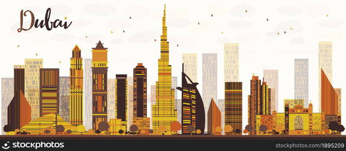 Dubai City skyline with golden skyscrapers. Vector illustration