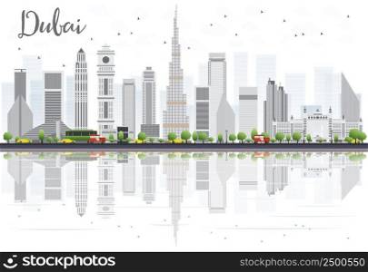 Dubai City skyline with Gray Skyscrapers and Reflections Isolated on White. Vector illustration. Business Travel and Tourism Concept with Modern Buildings. Image for Presentation Banner Placard and Web Site.