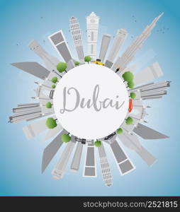 Dubai City Skyline with Gray Skyscrapers, Blue Sky and Copy Space. Vector Illustration. Business Travel and Tourism Conceptwith Modern Buildings.Image for Presentation, Banner, Placard and Web Site.