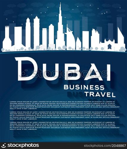 Dubai City skyline with white skyscrapers, blue sky and copy space. Business travel and tourism concept with place for text. Image for presentation, banner, placard and web site. Vector illustration