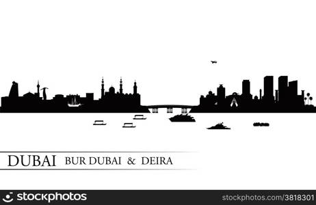 Dubai Deira and Bur Dubai skyline silhouette background, vector illustration