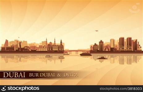 Dubai Deira and Bur Dubai skyline silhouette background, vector illustration