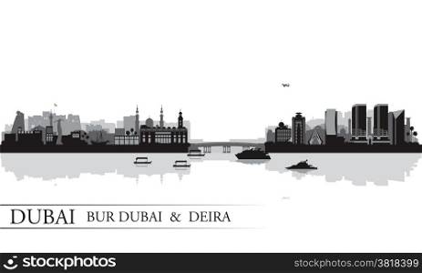 Dubai Deira and Bur Dubai skyline silhouette background, vector illustration