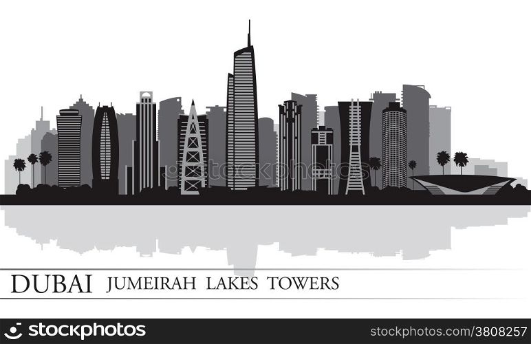 Dubai Jumeirah Lakes Towers skyline silhouette background, City illustration&#xA;