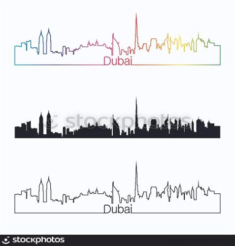 Dubai skyline linear style with rainbow in editable vector file