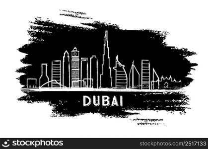 Dubai Skyline Silhouette. Hand Drawn Sketch. Vector Illustration. Business Travel and Tourism Concept with Modern Buildings. Image for Presentation Banner Placard and Web Site.