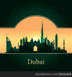 Dubai skyline silhouette on sunset background, vector illustration