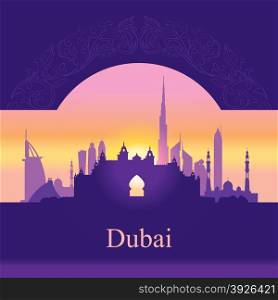 Dubai skyline silhouette on sunset background, vector illustration