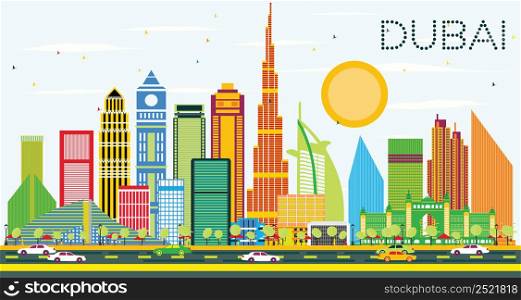 Dubai Skyline with Color Buildings and Blue Sky. Vector Illustration. Business Travel and Tourism Concept with Dubai Modern Buildings. Image for Presentation and Banner.