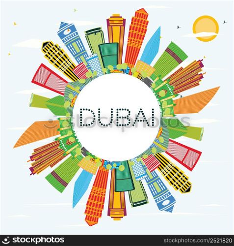 Dubai Skyline with Color Buildings, Blue Sky and Copy Space. Vector Illustration. Business Travel and Tourism Concept with Modern Architecture. Image for Presentation and Banner.
