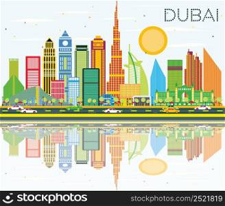 Dubai Skyline with Color Buildings, Blue Sky and Reflection. Vector Illustration. Business Travel and Tourism Concept with Dubai Modern Buildings. Image for Presentation and Banner.