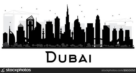 Dubai UAE City skyline black and white silhouette. Vector illustration. Simple flat concept for tourism presentation, banner or web site. Business travel concept. Cityscape with landmarks.