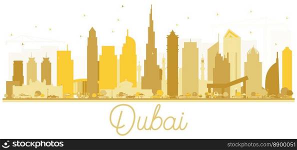 Dubai UAE City skyline golden silhouette. Simple flat concept for tourism presentation, banner or web site. Dubai Cityscape with landmarks. Vector Illustration.