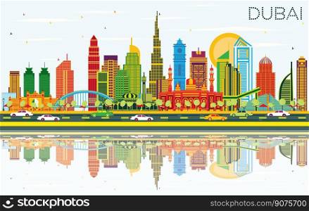 Dubai UAE City Skyline with Color Buildings, Blue Sky and Reflections. Vector Illustration. Business Travel and Tourism Concept with Modern Architecture. Dubai Cityscape with Landmarks.