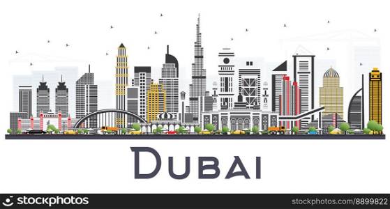Dubai UAE Skyline with Gray Buildings Isolated on White Background. Vector Illustration. Business Travel and Tourism Illustration with Modern Architecture.