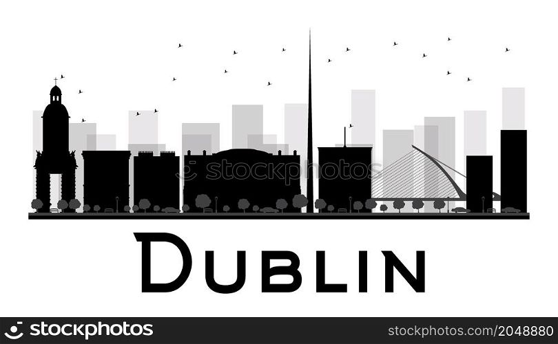 Dublin City skyline black and white silhouette. Vector illustration. Simple flat concept for tourism presentation, banner, placard or web site. Business travel concept. Cityscape with famous landmarks