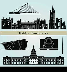 Dublin landmarks and monuments isolated on blue background in editable vector file