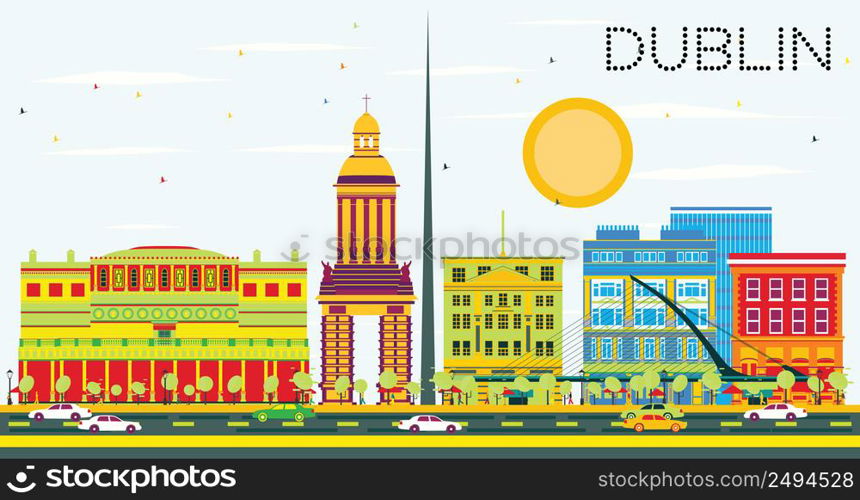 Dublin Skyline with Color Buildings and Blue Sky. Vector Illustration. Business Travel and Tourism Concept with Historic Architecture. Image for Presentation and Banner.