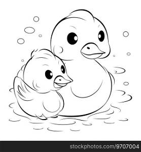 Duck and duckling   black and white vector illustration for coloring book