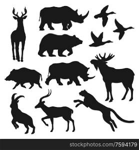 Duck bird, bear and deer wild animal black silhouettes. Hunting sport and safari vector theme. Wild forest boar, elk or moose, african jaguar, antelope and rhino, panther, mountain goat and reindeer. Wild animals black isolated silhouettes