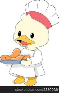 Duck chef is bringing food to serve to customers, funny cartoon character