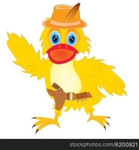 Duck cowpuncher. Cartoon of the duck in hat with gun on white background