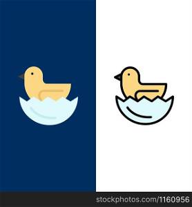 Duck, Egg, Easter Icons. Flat and Line Filled Icon Set Vector Blue Background