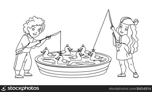 Duck Fishing Little Boy And Girl In Pool Vector. Preschooler Children Toy Duck Fishing With Rod In Basin. Characters Enjoying Amusement Park Or Fair Attraction black line illustration. Duck Fishing Little Boy And Girl In Pool Vector