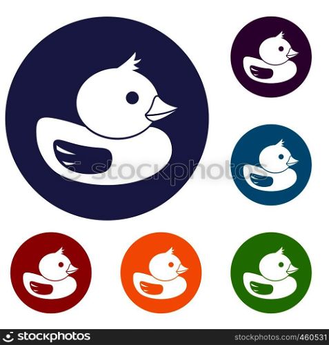 Duck icons set in flat circle reb, blue and green color for web. Duck icons set