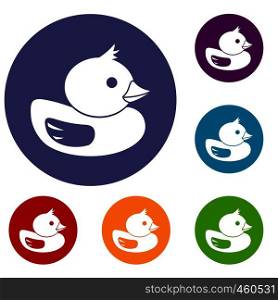 Duck icons set in flat circle reb, blue and green color for web. Duck icons set